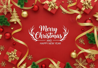 Merry Christmas and Happy New Year greeting card with festive red background, gifts, and decorations.