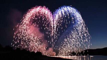 A cinematic slow-motion video of fireworks exploding in the night sky, forming a glowing heart shape made of sparkling particles, colorful trails, dramatic lighting - Powered by Adobe