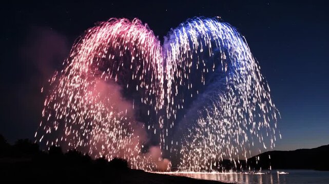 A cinematic slow-motion video of fireworks exploding in the night sky, forming a glowing heart shape made of sparkling particles, colorful trails, dramatic lighting