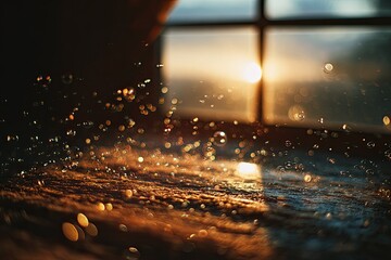 Water droplets sparkle on a surface at sunset through a window