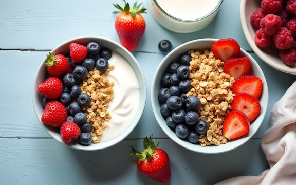 Two healthy breakfast bowl with ingredients granola fruits Greek yogurt and berries top view. Weight loss, healthy lifestyle and eating concept. High quality