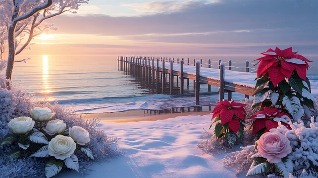 Winter sunrise over a frozen lake with a wooden pier and poinsettias - Powered by Adobe