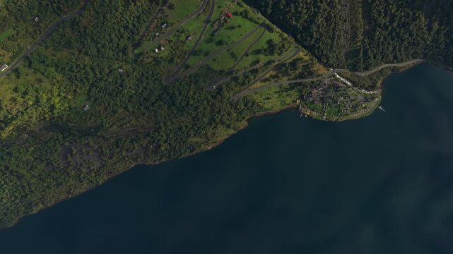 Drone view of scenic switchbacks on steep road near Geirangerfjord Norway