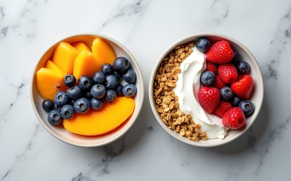 Two healthy breakfast bowl with ingredients granola fruits Greek yogurt and berries top view. Weight loss, healthy lifestyle and eating concept. High quality