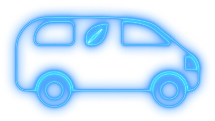 A colorful blue neon glow outline of an electric vehicle with a prominent leaf symbol, representing ecological transportation and sustainable energy, isolated on transparent background.