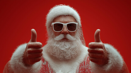 Santa Claus sports cool sunglasses giving a thumbs up on a vivid red background. Embracing festive cheer with a modern twist.