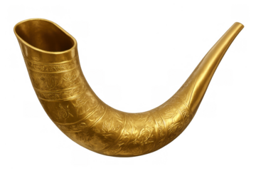 Golden shofar horn with ornate detailing, representing an ancient ceremonial wind instrument used for jewish holidays