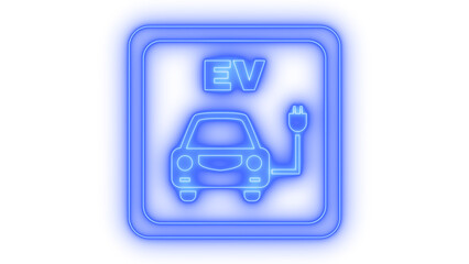 Glowing neon electric vehicle (EV) charging symbol icon, representing modern sustainable transportation and clean energy technology, featuring a car and plug, isolated on transparent background.