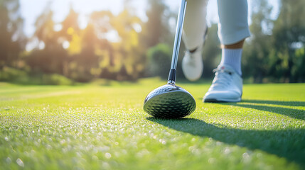 A golfer preparing to swing with a driver on a lush green golf course on a sunny day outdoors
