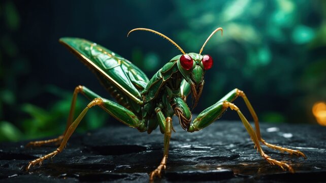 Dramatic, low-angle close-up of a vibrant green insect (like a mantis or grasshopper) with striking red compound eyes on dark rock in a deep jungle.