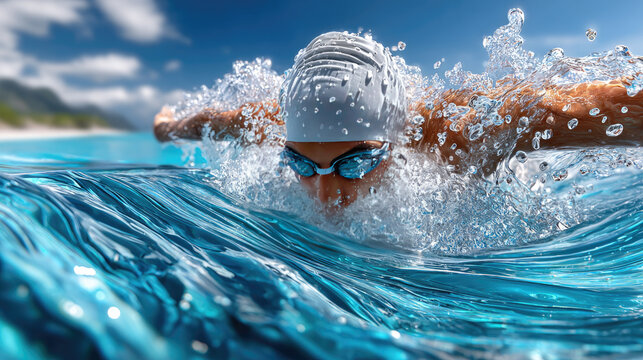 swimmer diving through a wave in an ocean competition during daylight, copy space