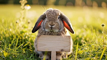 Rabbits holding signs in lush green grass, capturing the concept of creativity and self expression, perfect for advertising and promotional use cases such as brand storytelling and social media.