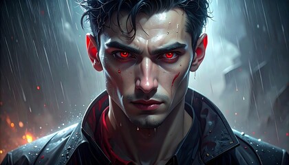 A brooding figure with glowing red eyes, intense gaze. Rain falls around him. Dark, gritty atmosphere with fire