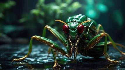 Dramatic, low-angle close-up of a vibrant green insect (like a mantis or grasshopper) with striking red compound eyes on dark rock in a deep jungle.