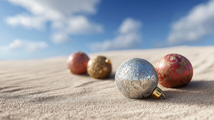 Christmas ornaments on desert sand, juxtaposing the festive season with a unique environment under a bright, cloud-filled sky, sparking curiosity and surprise.
