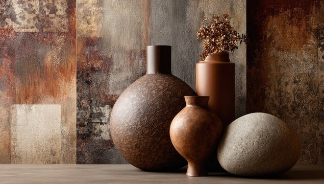 Earthy vases and stone on textured wall