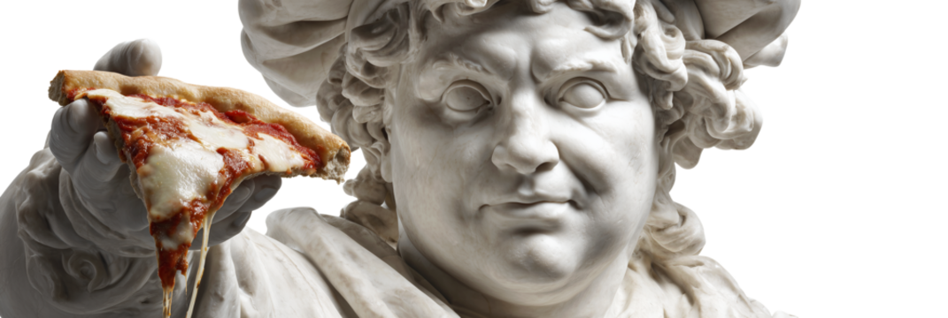 Extreme close-up portrait, an ancient white marble chef statue holding a realistic pizza slice, isolated on transparent background or white background. Png. Generative Ai. - Powered by Adobe