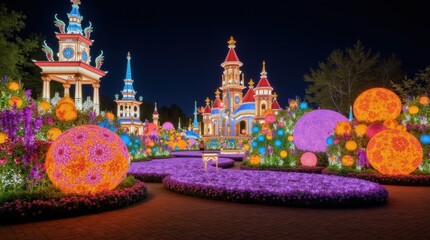 Magical illuminated castle and gardens at night with vibrant glowing decorations