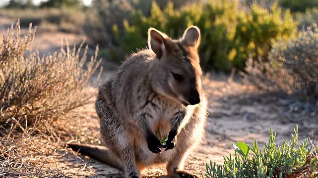 A small kangaroo, adorned with a collar, proudly stands in the dirt, embodying adaptability and resilience while inviting viewers to connect with this Australian icon, showcasing its optimistic.
