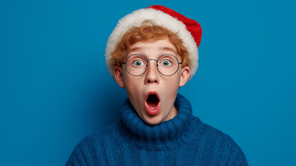 A surprised young man wearing a santa hat, expressing astonishment with an open mouth. Capture the festive spirit and expressive moment in this striking shot.