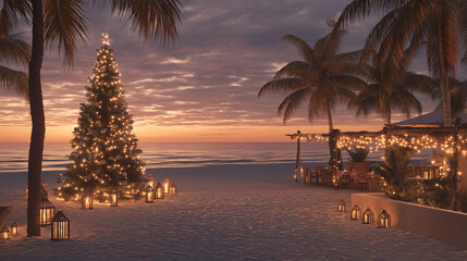 A festive Christmas tree is illuminated under the soft glow of twilight at a beach, creating a serene and festive holiday ambiance.