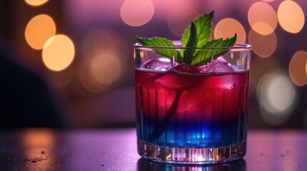 Vibrant layered cocktail with ice and mint garnish on a reflective surface