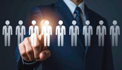 A business professional in a suit points to a glowing figure amongst several other icon figures