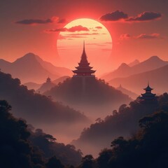Misty mountain landscape with pagoda at sunset