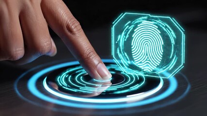 Finger touches digital biometric scanner with glowing cyan fingerprint hologram interface. Futuristic authentication technology verifies identity through secure touchscreen recognition system - Powered by Adobe