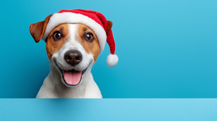 A festive Jack Russell Terrier, adorned in a charming Santa hat, radiates pure joy with a wide, toothy grin against a bright, cheerful backdrop.