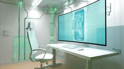 Futuristic home office setup featuring a transparent display screen and ergonomic furniture in a minimalist high-tech interior design