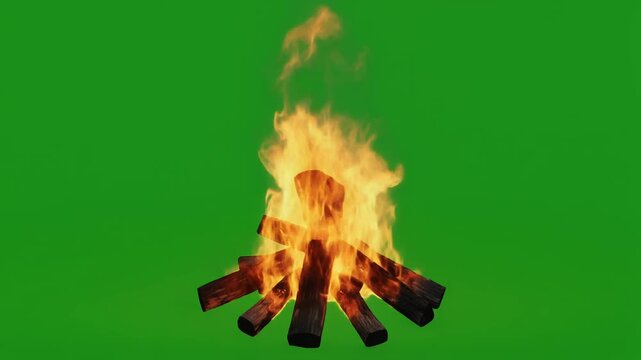 Burning bonfire flames roaring vividly, animated against a bright green screen background for fiery motion graphics.
