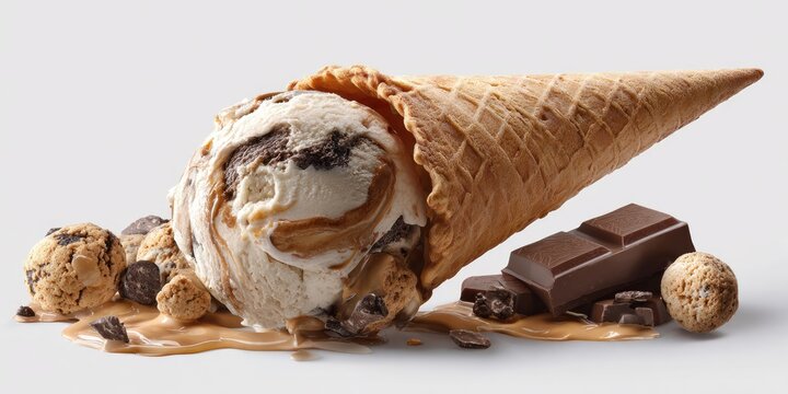 Creamy, swirl ice cream in waffle cone, with chocolate and cookies