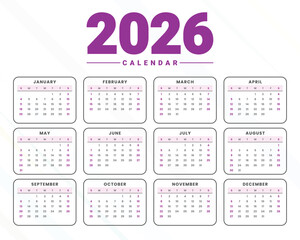 Minimal 2026 English Calendar with Sunday Start Layout