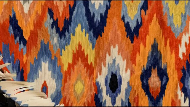 Vibrant tribal Ikat design with rich orange, blue, and yellow hues, soft feathered edges, handcrafted textile appearance.