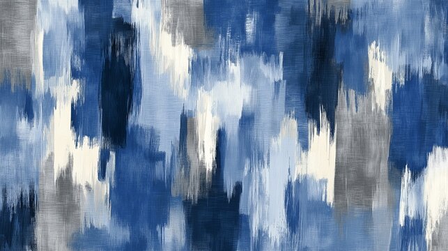 Artistic paint-brush Ikat style mixing bold strokes of cobalt, white, and charcoal, textured canvas look.