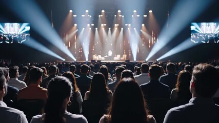 Large audience watches stage presentation with spotlights and lighting beams at corporate conference or entertainment event. Professional venue setup with screens, crowd silhouettes, and theatrical