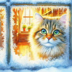  Digital painting of a cozy fluffy cat with green eyes looking through a snow window. The warm image contrasts with the cold winter landscape behind the glass.