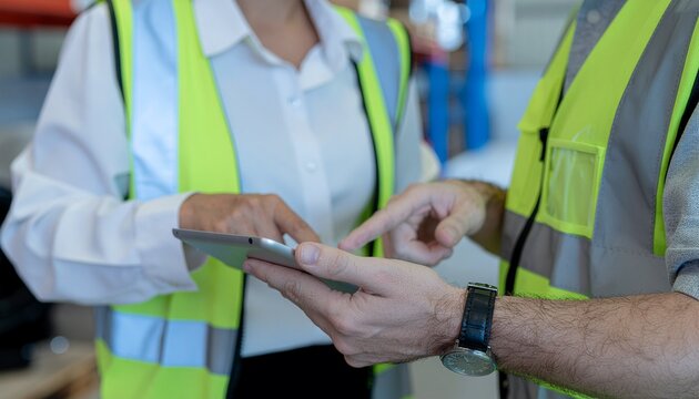 Two professionals are seen in an industrial setting, focused on a digital tablet, and dressed in safety vests, showing a collaboration in progress