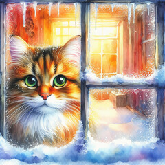  Digital painting of a cozy fluffy cat with green eyes looking through a snow window. The warm image contrasts with the cold winter landscape behind the glass.