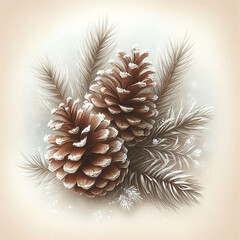 The composition of two pine cones and spruce branches, covered with light frost, creates the atmosphere of a winter fairy tale. Cream background and watercolor style.
