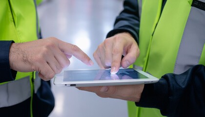 Two individuals are collaborating and using a tablet in a warehouse setting, possibly for data analysis or work tasks