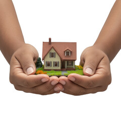 Miniature house held in caring hands isolated on a transparent background