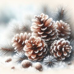 The composition of two pine cones and spruce branches, covered with light frost, creates the atmosphere of a winter fairy tale. Cream background and watercolor style.