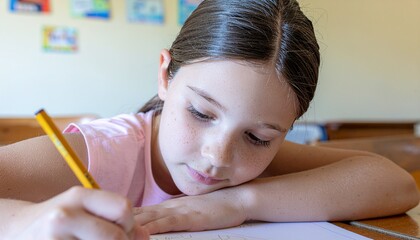 A young girl diligently writing at a desk, focused on her schoolwork, holding a pencil. Her brow is furrowed in concentration. The soft lighting casts a warm glow on her face