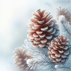 The composition of two pine cones and spruce branches, covered with light frost, creates the atmosphere of a winter fairy tale. Cream background and watercolor style.