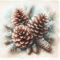 The composition of two pine cones and spruce branches, covered with light frost, creates the atmosphere of a winter fairy tale. Cream background and watercolor style.