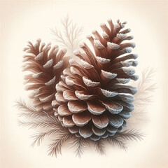The composition of two pine cones and spruce branches, covered with light frost, creates the atmosphere of a winter fairy tale. Cream background and watercolor style.