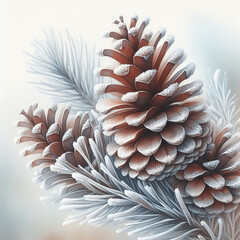 The composition of two pine cones and spruce branches, covered with light frost, creates the atmosphere of a winter fairy tale. Cream background and watercolor style.