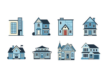 Fototapeta premium A collection of eight different residential houses and buildings, showcasing various architectural styles in a blue color palette.